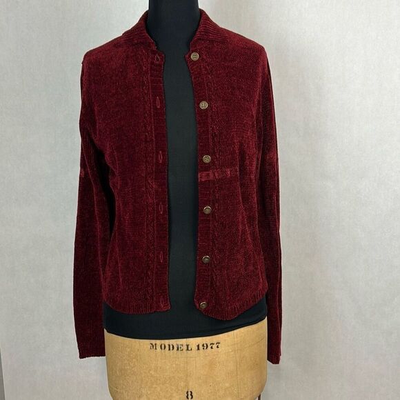 Vtg Bushwacker Button Front Cardigan Sz Medium Burgundy Long Sleeve Collar - Picture 1 of 9